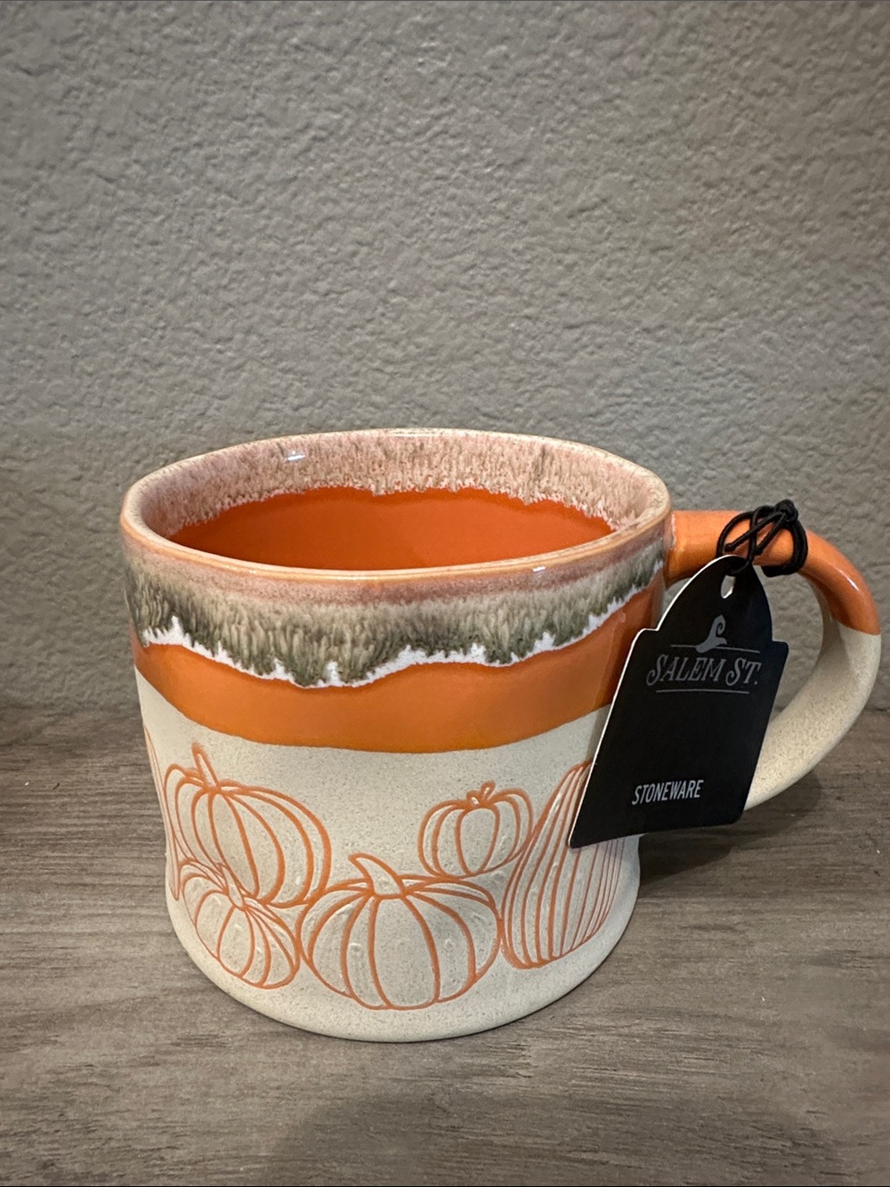 Salem St. Stoneware Pumpkin Mug in Orange and Cream